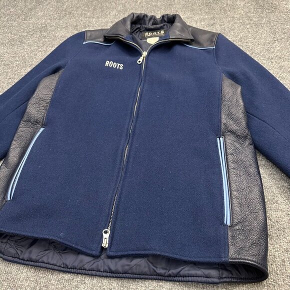 Roots Women's Jacket Full Zip Blue Wool Leather Varsity Vtg Canada Size 4 - Picture 4 of 9